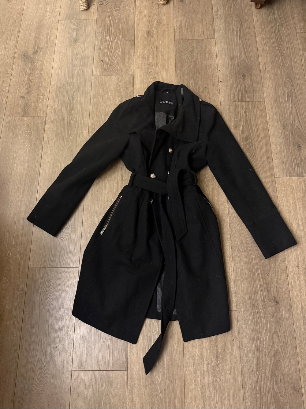 GUESS Black Double-Breasted Belted Wool-Blend Trench Coat ladies large